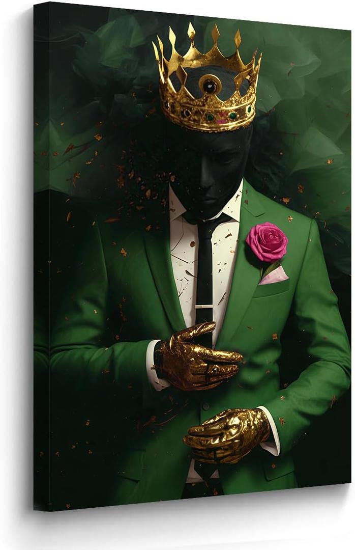 BJYCHG Black Man Picture Gold Crown Wall Art Afro American Canvas Prints King Crown Paintings Black African Wall Decor for Men Bedroom Framed (Green, 24L x 16W)