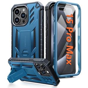 FNTCASE for iPhone 15-Pro-Max Case: Military Grade Drop Proof Rugged Protective Cell Phone Cover with Kickstand & Built-in Protector | Matte Textured Shockproof TPU Hybrid Bumper Cases (Blue)