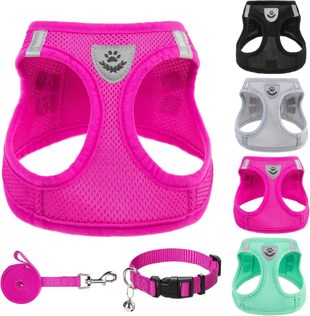 PUPTECK Adjustable Dog Harness Collar and Leash Set Step in No Pull Pet Harness for Small Medium Dogs Puppy and Cats Outdoor Walking Running, Soft Mesh Padded Reflective Vest Harnesses, Solid Pink S (S (CHEST 14.5"-16"), Solid DeepPink)