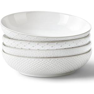 Y YHY Large Pasta Bowls, 45 oz Embossed Salad Bowls for Serving Soup, Noodle, Dessert, Dinner, Kitchen Deep Plates, 9.75" Porcelain Shallow Bowls, Soft White Dishes for House-warming Wedding Present