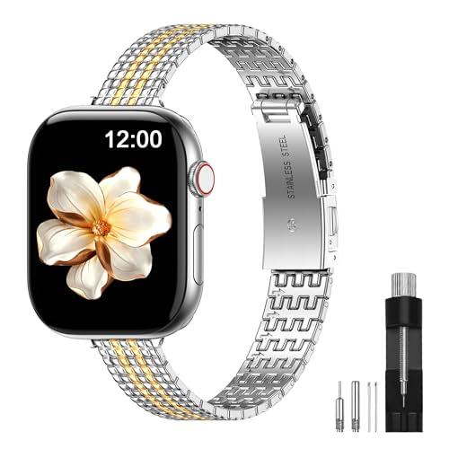 MioHHR Slim Metal Band Compatible with Apple Watch Bands 38mm 40mm 41mm 42mm(Series 11 10),Thin Stainless Steel Replacement Strap for Women iWatch Series 9 8 7 6 5 4 3 2 1 SE3/2/1,Silver/Gold