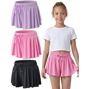 3 Pack Girls Flowy Shorts with Spandex Liner 2-in-1 Youth Butterfly Skirts for Fitness, Running, Sports L