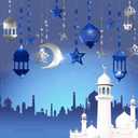 Cheerland Silver Blue Ramadan Decorations for Home Star Moon Lantern Garland Islamic Hanging Streamer Backdrop Eid Mubarak Decorations Lesser Bairam Holiday Celestial Banner Night Party Supplies 16pcs