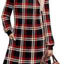 OFEEFAN Long Sleeve Dress for Women Pleated Crew Neck Casual Babydoll Sweater Dress with Pockets Fall Outfits Fashion (Large, Red Black Plaid)