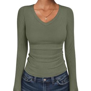 ANRABESS Long Sleeve Shirts for Women V Neck Ribbed Knit Fitted Fall Basic Tshirts Going Out Tops 2026 Casual Trendy Clothes (Green, S)