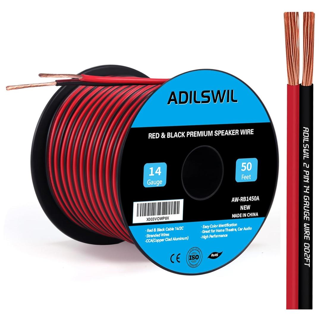 14AWG 50FT Speaker Wire, 2 Conductors Electrical Red Black Cable Hookup LED Lighting Strips Flexible Wire Extension Cord 14 Gauge Copper Clad Aluminum Copper Wire 12V/24V DC Cable