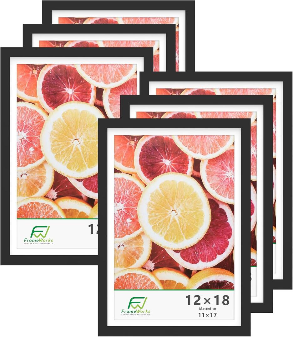 FrameWorks 12x18 mat to 11x17 Classic Wooden Picture Frames With Tempered Glass | Black | 6-Pack