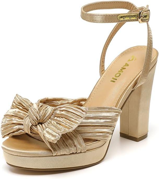 Amoji Women's Chunky Platform Heels 4'' Bowknot Heeled Sandal Wedding With Ankle Strap 302F4 (9)