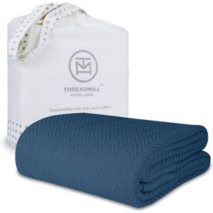 Threadmill Luxury Cotton Blankets for Twin Size Bed | All-Season 100% Cotton Twin Blanket for Bed | Herringbone Soft & Cozy Fall Thermal Blanket, 350GSM, 68x92 inches | Folkstone Blue
