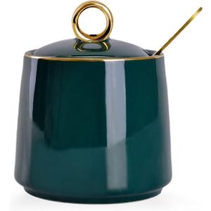 WHJY Ceramic Sugar Bowl with Lid and Spoon, Simple White Clear Porcelain Salt Bowl Salt Container, Modern Spice Box Seasoning Jar for Home and Kitchen Coffee Bar - Green