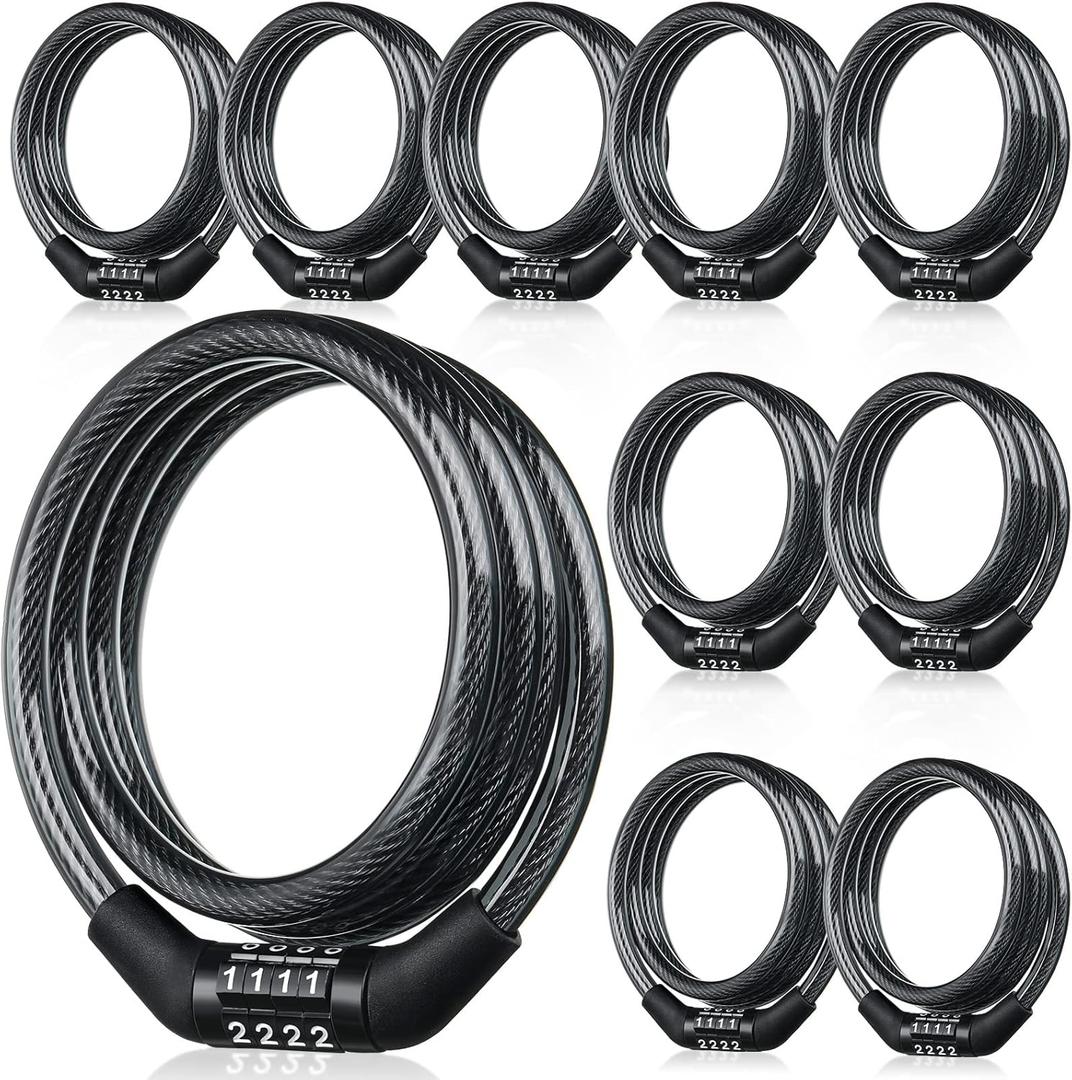 10 Pcs Bike Lock Cable with Combination, 4 Feet Coiled Preset Bike Lock High Security 4 Digit Bicycle Lock Anti Theft Bike Accessories Black Bike Cable Locks, 5/6 Inch Diameter