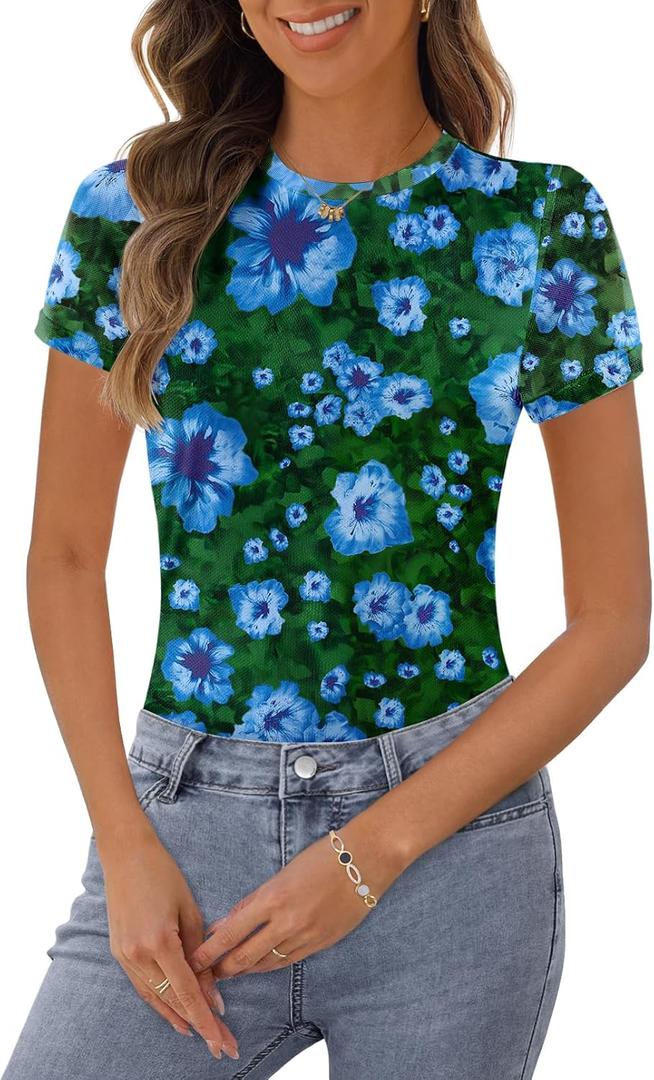 MEROKEETY Women's 2025 Summer Spring Casual Short Sleeve T Shirt Trendy Sheer Mesh Boho Vacation Floral Blouse Tops (M)