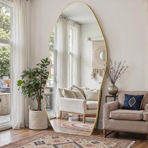 Antok Full Length Mirror, 76"x36" Floor Mirror with Stand, Standing Hanging Leaning Irregular Mirrors for Bedroom Living Room Entryway, Wavy Shaped, Golden