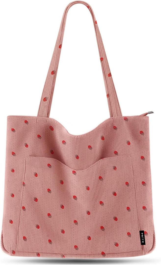 Prite Corduroy Tote Bag for Women Large Shoulder Bag with Zipper and Pockets for College Work Travel Shopping (Strawberry Pink)