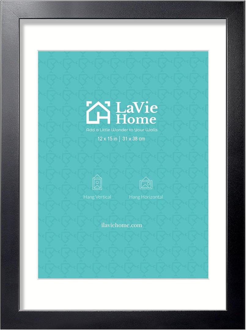 LaVie Home 12x15 Picture Frame Black Poster Frame, Display Pictures 8.5x11 with Mat or 12x15 Without Mat, Stable and Sturdy Frame and Polished Plexiglass, Horizontal and Vertical Format of The Walls
