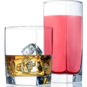 Le'raze Everyday Drinking Glasses Set of 8 Drinkware Kitchen Glasses for Cocktail, Iced Coffee, Beer, Ice Tea, Wine, Whiskey, Water, 4 Tall Highball Glass Cups & 4 Short Old Fashioned.
