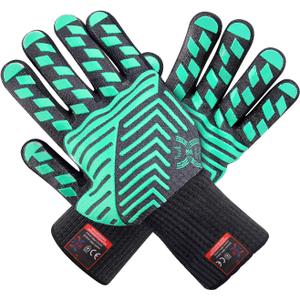 J H Heat Resistant Oven Glove:EN407 Certified 932 F, 2 Layers Silicone Coating, Oven Mitts for Cooking, Kitchen, Fireplace,Camping, Grilling (Black/Green)