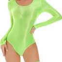 AUBIG Womens Shiny Oil Glossy Long Sleeve Leotard Stretchy Metallic Bodysuit Dance Leotard Club Lingerie (Large, Green)