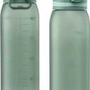 Time Marker Water Bottle 30 oz with Push Button Motivational Measurement Marker, Reusable Tritan Plastic Water Jug for Workout Sport Travel Water Tracker (Pack of 1) (Midnight Green)