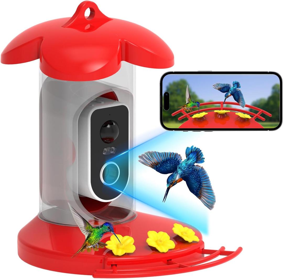 Hummingbird Feeder with Camera for Outdoor - 2K QHD Video, Instant Notifications & AI Bird Species, Ant Moat, Bee Proof, Motion Detection, 2.4G WiFi, Signal Booster, Gift for Bird Lovers (Red)