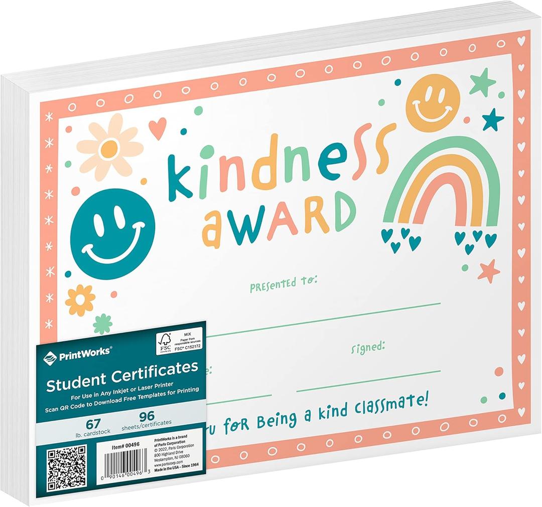 PrintWorks Kindness Award Certificates, 67lb, 96 Sheets (00496), Multi, 8.5 x 11