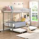 YOPTO Twin Size Metal Bunk Bed with Trundle, Modern Bedroom Bedframe w/Stairs, Durability & Stability, Easy Assembly, No Box Spring Needed, for Kids Teens Boys Girls, Silver