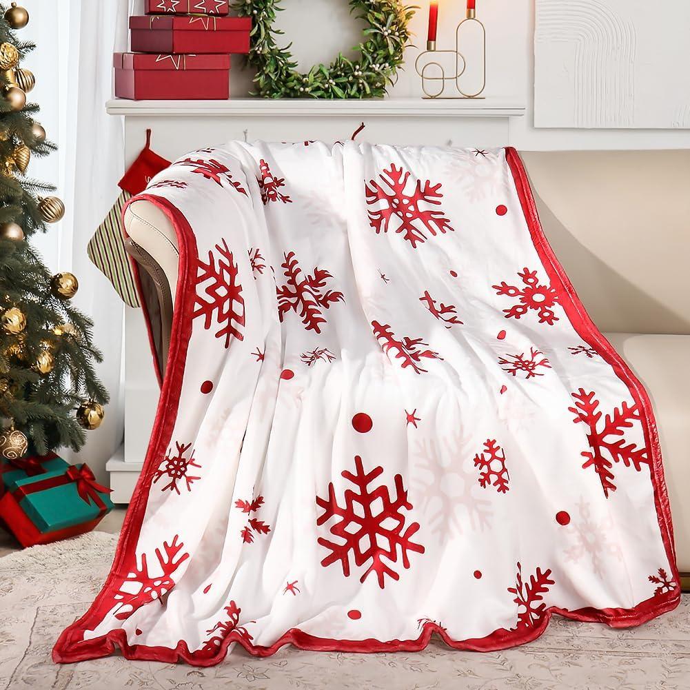 Red Snowflake Blanket Christmas Throw Blanket Winter Holiday Bed Blanket Super Soft Flannel Fleece Blanket Cozy Fuzzy Plush Throw Blanket for Couch 50 x 60