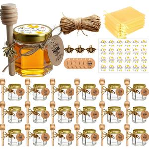 Adabocute 20 Pack Mini Honey Jars with Dipper - Mini Honey Jars for Baby Showers & Wedding Gifts - Gold Lids, Bee Pendants, Jutes and Gift Bags