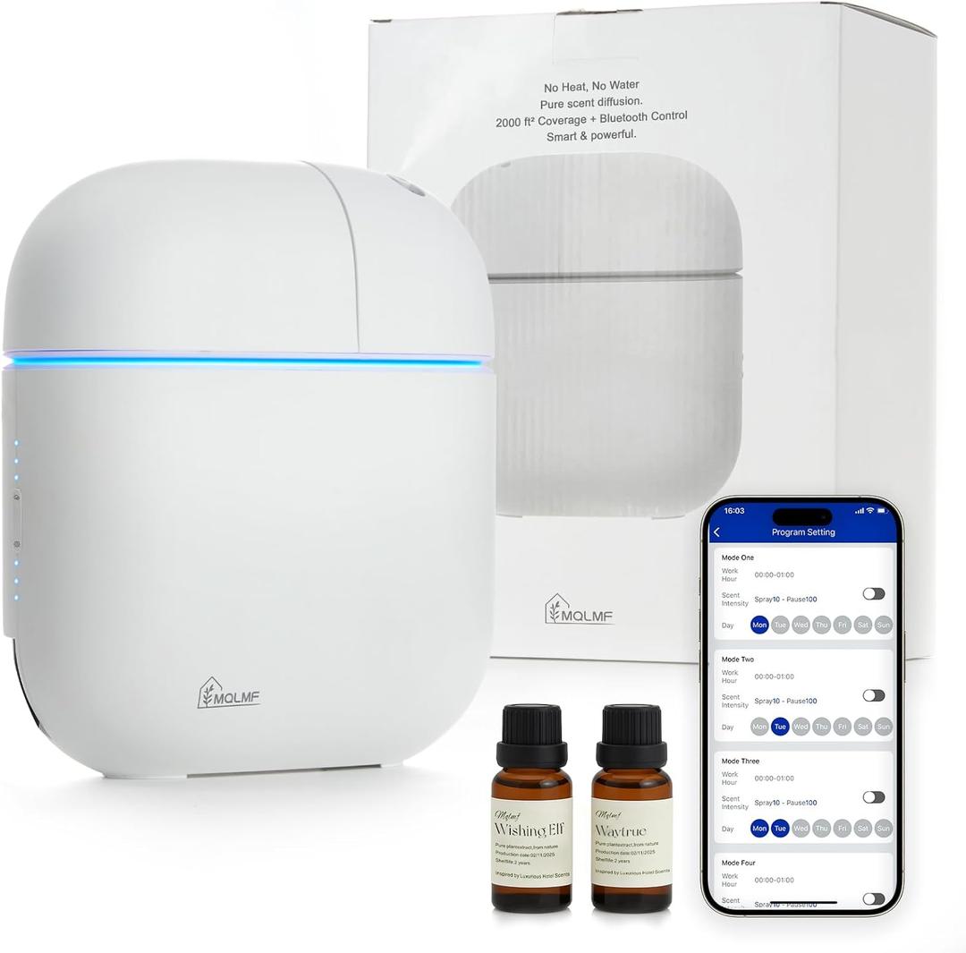 Hotel Collection Diffuser,2000 Sq Ft,Smart Button Timer,Ambient Light,Enhanced Fan,Desktop or Wall-Mount,Bluetooth App,Waterless Essential Oil Diffuser,Cold Air Machine for Home - White