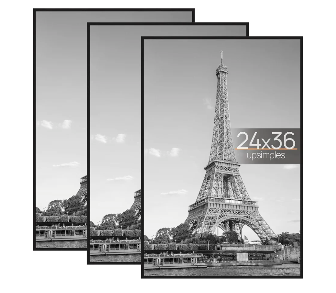 upsimples 24x36 Poster Frame Black 3 Pack, Scratch-Proof Picture Frames 24 x 36 for Photo Gallery - Slide-In Strips, Horizontal or Vertical Wall Mounting