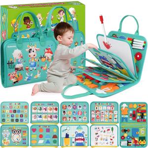 Goobaetoy Montessori Busy Board - Sensory Learning Toys for Toddlers 3-6 Years-10 Pages-32 Activities, Airplane Car Travel Educational Toys for Autism, 3 Years Boy Birthday Gift (Cyan)