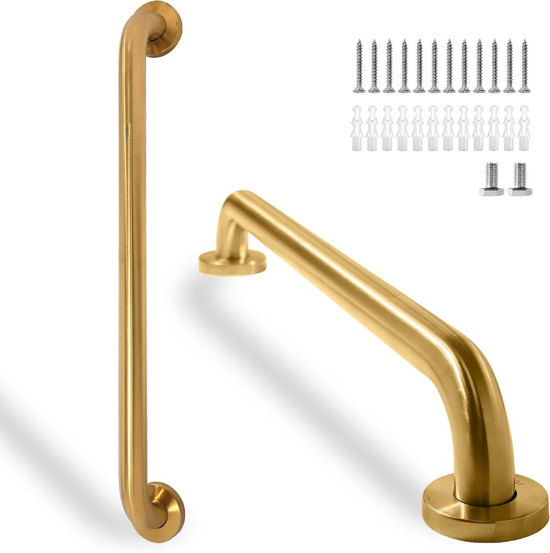 Shower Grab Bar, 2 Pack 24 Inch Gold Bathroom Safety Bar, 1.25" Diameter 304 Stainless Steel Grab Bars for Bathtubs and Showers, Handicap Shower Grab Bar for Seniors Elderly