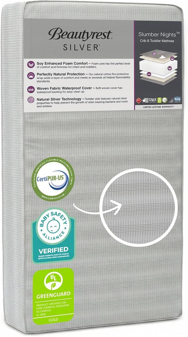 Beautyrest Silver Slumber Nights Dual Sided 2-Stage Crib Mattress and Toddler Mattress - GREENGUARD Gold Waterproof - Plant Based Soy Foam Core, Grey