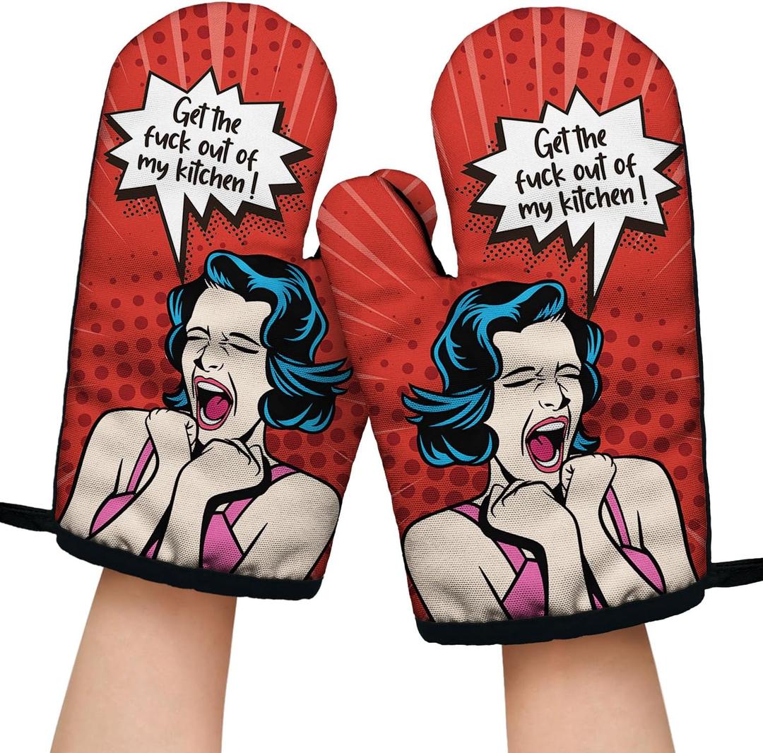 Get The FXXK Out of My Kitchen Funny Oven Mitts with Hanging Loop and Silicone Non-Slip, Housewife Cooking Baking Kitchen Utensils 2-Piece Set, Gifts for Mom Wife Girlfriend Grandma
