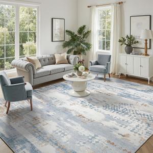 DCX Abstract Area Rug 8x10, Washable Blue Modern Rug for Living Room, Kid & Pet Friendly with Rubber Back Non Slip, Soft Low Pile Carpet, Stain Resistant Rug for Bedroom, Office, Dining Room
