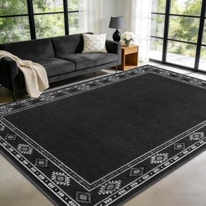 Large Geometric Area Rugs for Living Room Bedroom 6x9 Dark Grey Rug | Ultra Soft Washable Non Slip Stain Resistant Modern Low Pile Indoor Bordered Carpet for Nursery Home Decor Solid Aesthetic