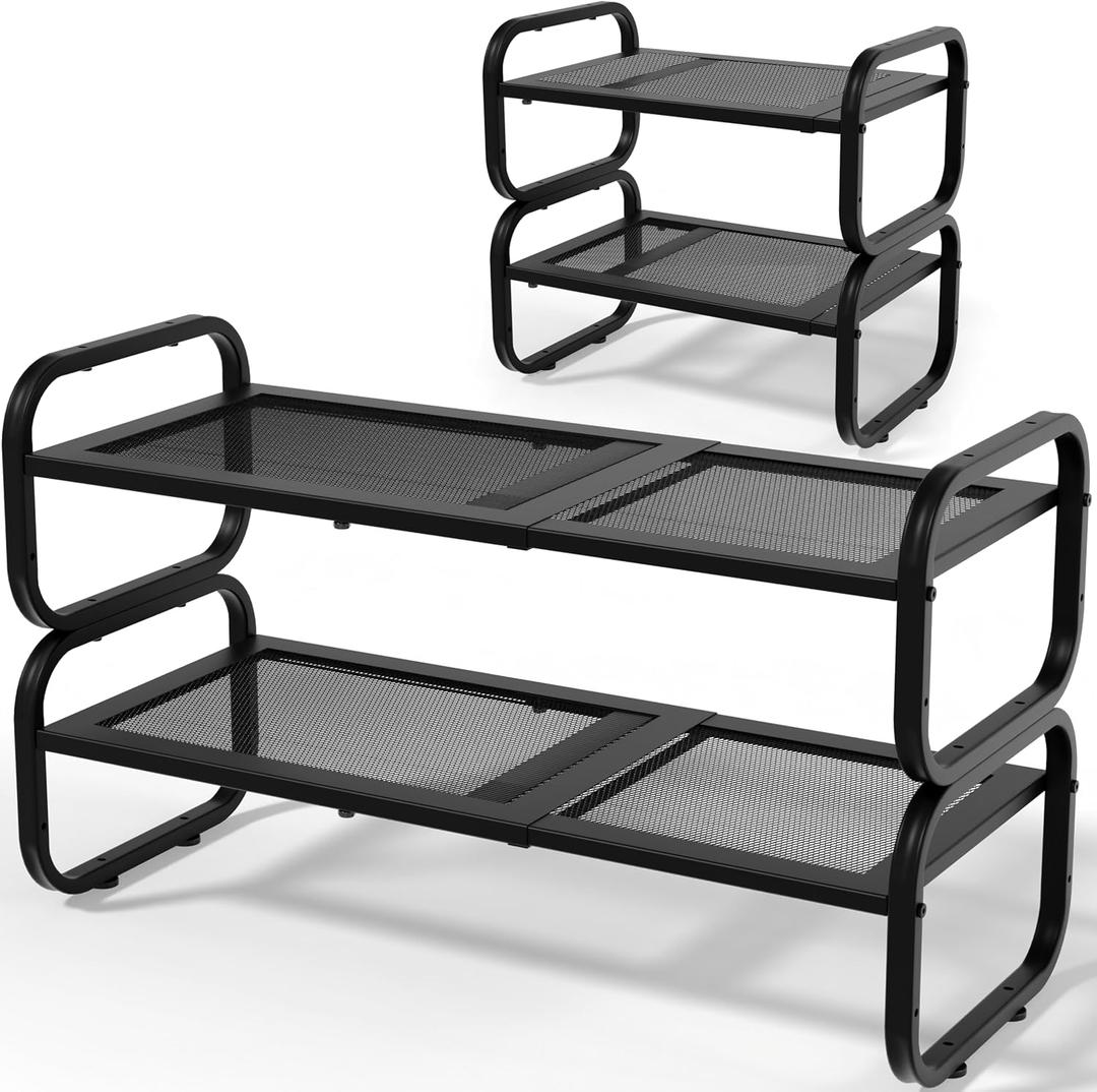 2 Tier Shoe Rack - Expandable Shoe Organizer for Closet, Adjustable Metal Shoe Shelf Storage, Stackable Long Shoe Stand Holder for Garage, Entryway, Door Entrance