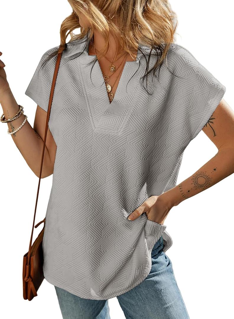 SHEWIN Womens Shirts Casual Collared Short Sleeve Polo Shirt Loose V Neck Ladies Top and Blouse Cute Summer Tops for Women 2024, Light Grey,(XXL)