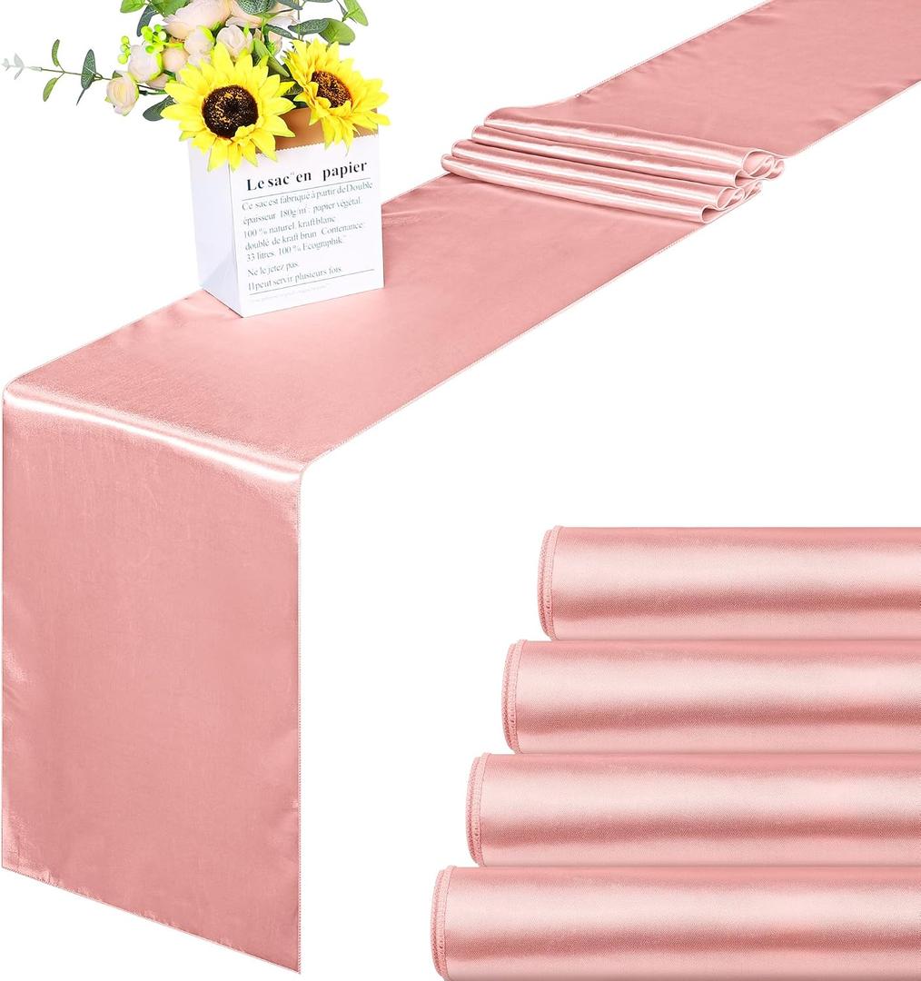 Aneco 4 Pack Satin Table Runner 12 x 108 Inch Long Bright Silk and Smooth Fabric Party Table Runner for Wedding Banquet Party Decoration- Rose Gold