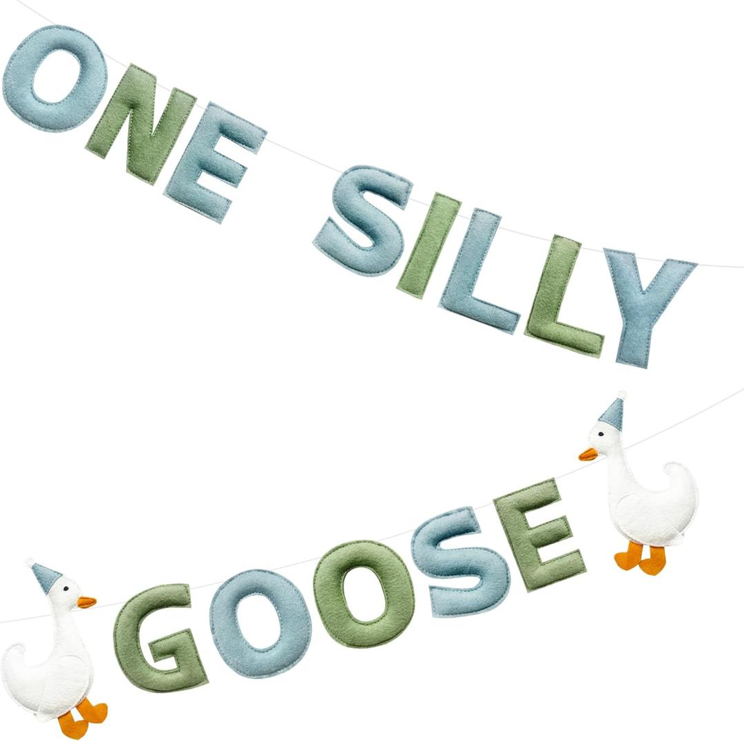 One Silly Goose Birthday Decorations Sage Green Dusty Blue Felt Handmade Pre-Strung 3d Goose 1st Bday Banner for Baby First Birthday Party Decorations Nursery Home Wall Fireplace Decor