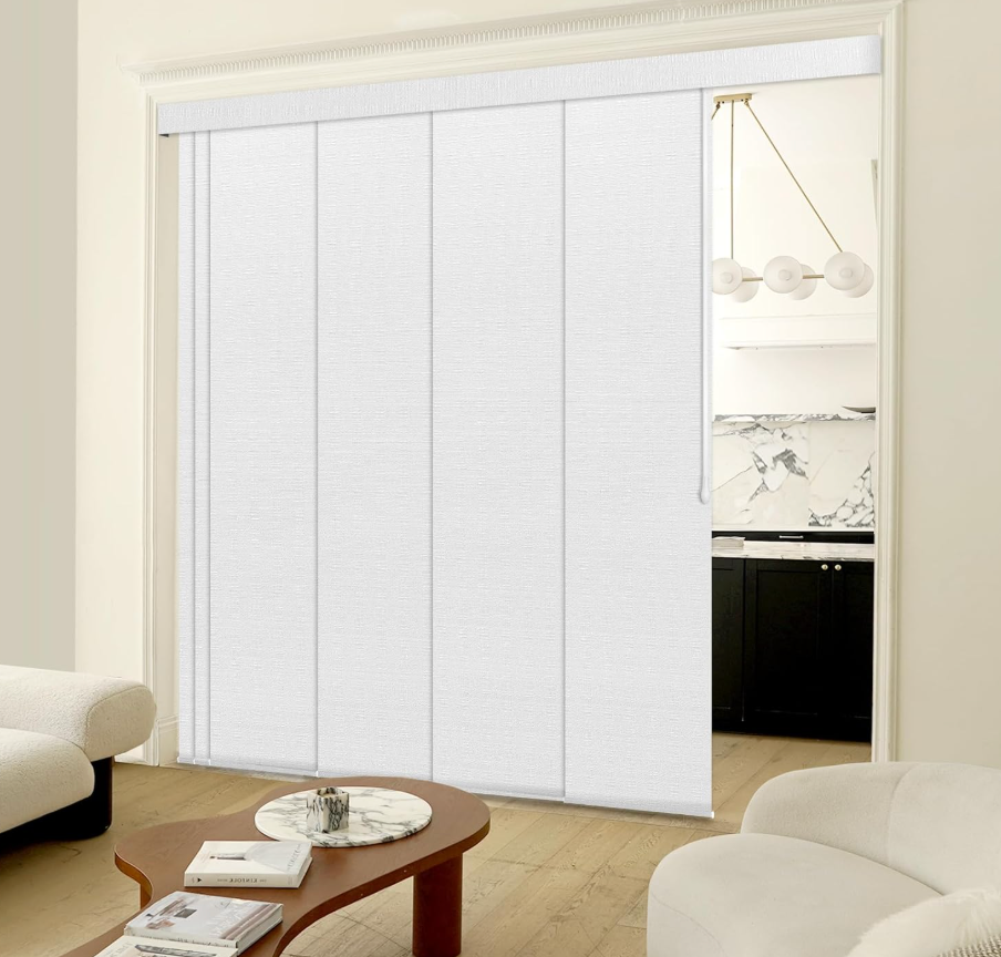Adjustable Panel Track Blinds Blackout Vertical Blinds with Valance, Sliding Glass Door Blinds, Room Dividers, Retractable Track from 74" to 133" W, Trimmable Panel Up to 102" H (Linen Beige)