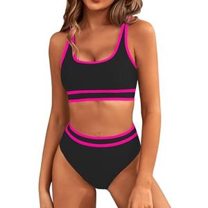 BMJL Women's High Waisted Bikini Sets Sporty Two Piece Swimsuits Color Block Cheeky High Cut Bathing Suits, Small