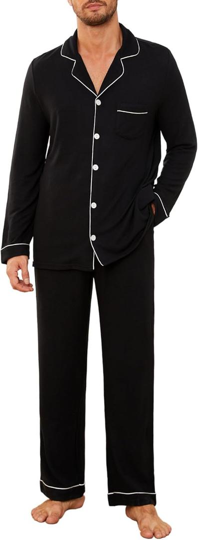 U2SKIIN Mens Ultra Soft Pajama Set, Stretch Long Sleeve Lounge Pjs Button-Down Lightweight & Cozy Sleepwear (Medium, Black)
