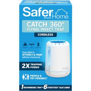 Safer Home Catch 360° Cordless Flying Insect Trap, UV LED Light, Chemical-Free, 10 Day Rechargeable Battery, Effective Fruit Fly Traps for Indoors, Gnat Traps for House Indoor, 1 Device + 6 Glue Cards