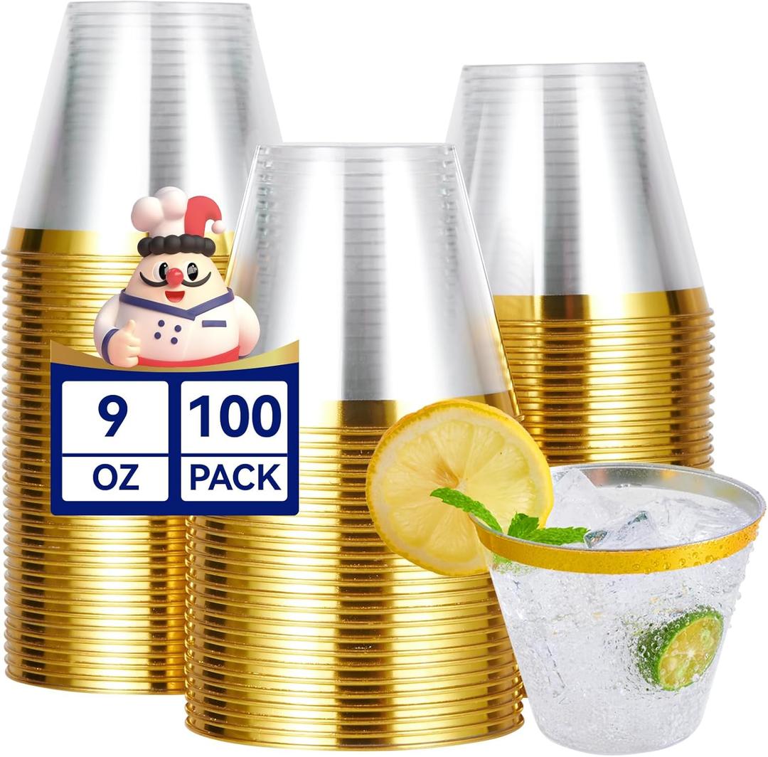 JOLLY CHEF 100 Pack Gold Plastic Cups, 9 oz Clear Plastic Tumblers, Elegant Gold Rimmed Cups, Disposable Glasses for Wedding, Thanksgiving Day, Christmas Party