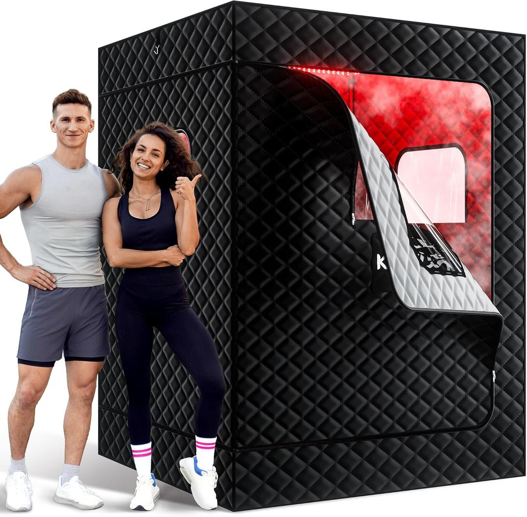 KASUE Upgraded 2 Person Sauna Box, Portable Infrared Sauna with 5-Layer Waterproof, 2 Steamers, 2 Folding Chair, 71x 36x 49 for Indoor, Outdoor, Gym, Spa, Carbon Black