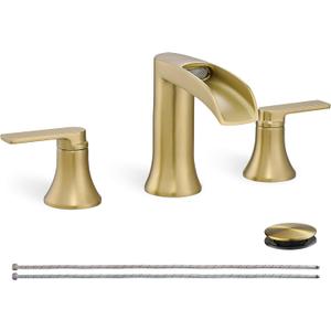Brushed Gold Bathroom Faucet 3 Hole, 4-8 Inch Brass Widespread Waterfall Bathroom Sink Faucets with Pop Up Drain and cUPC Supply Line, 2 Handles for Vanity, Lavatory, Restroom, Apartment, Modern