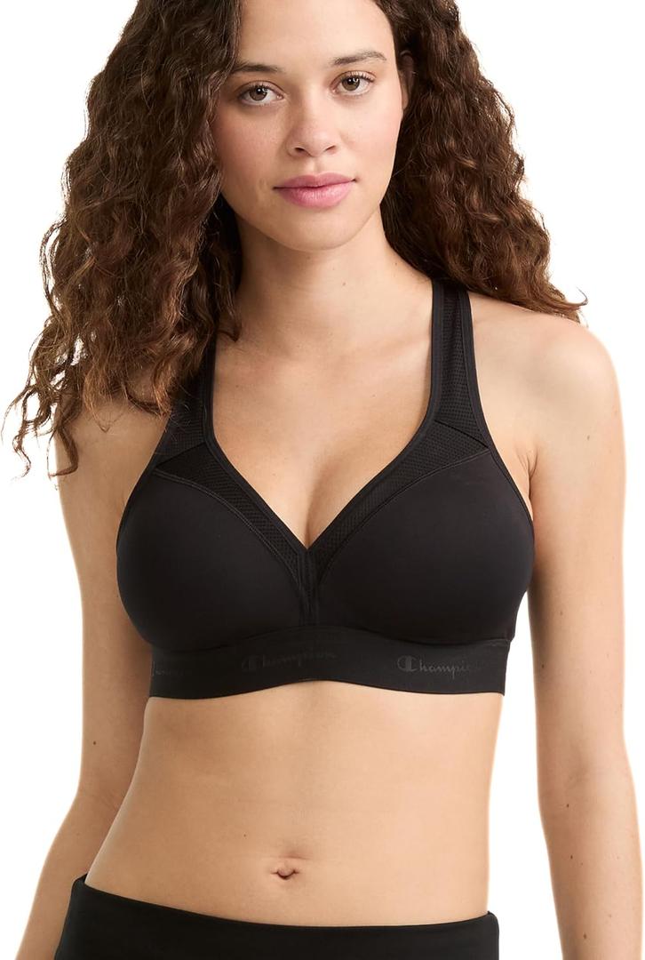 Champion Women's V-neck Racerback, Moisture-wicking, Moderate Support Sports Bra (Medium, Black)