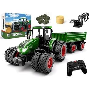 Remote Control Tractor Toy with Trailer | Metal Front & Front Loader Farm Vehicle Set with Lights & 8-Wheel Design, RC Tractor Truck for Boys & Girls Ages 3-9, Fun Farm Toy Gift for Toddlers & Kids