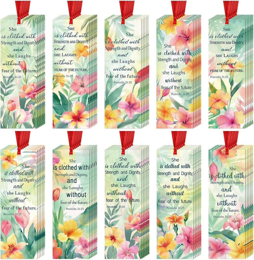 PerKoop 60 Pcs Religious Mother's Day Bookmarks She is Clothed with Strength and Dignity Gift Christian Happy Mother's Day Mom Watercolor Flowers Bookmarks for Women Church Bible Verse Proverbs 31: 25